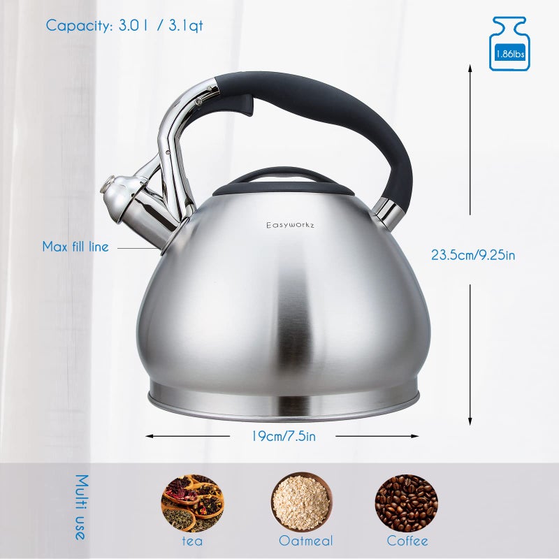 Easyworkz Whistling Stovetop Tea Kettle Food Grade Stainless Steel Hot Water Tea Pot With Loud Whistle,3.1 Quart(3.0l) - Image 2